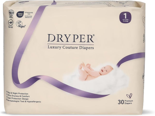 Trial pack of X With Love baby diapers, size 1 and newborn, hypoallergenic, ultra-soft, with wetness indicator, 30 count.