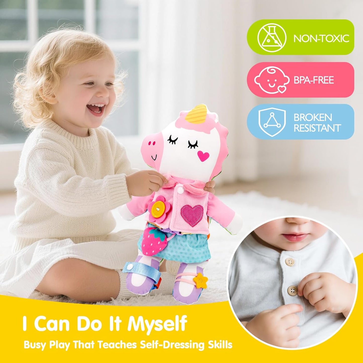 X With Love 2-in-1 Montessori plush busy doll features reversible unicorn and dinosaur for toddlers, with buckles and dressing skills.