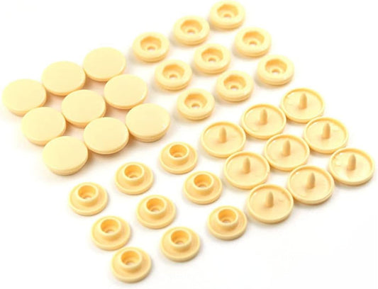 20 sets of X With Love T5 resin plastic snap buttons in creamy color for clothing DIY projects, showing pressed fasteners.