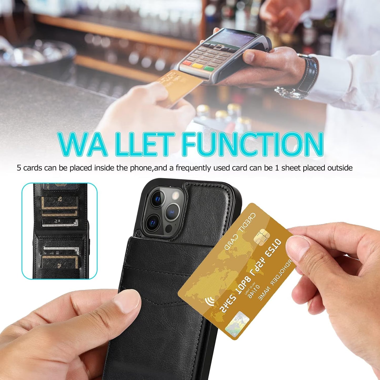 Black X With Love wallet case for iPhone 14 Pro Max with card holder flip cover showing front view with card slots.