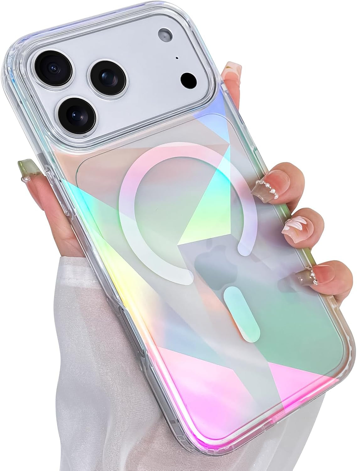 Clear glitter iridescent iPhone 17 Pro Max case by X With Love with rainbow sparkle, magnetic Magsafe compatibility, and geometric design