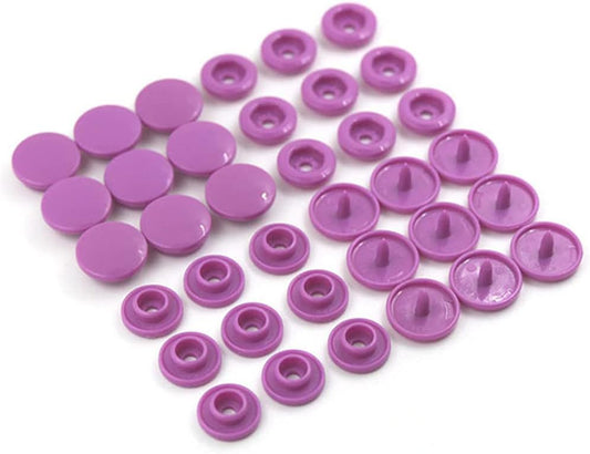 20 sets of X With Love purple T5 resin plastic snap fasteners and press studs for clothing DIY projects, shown in the image.