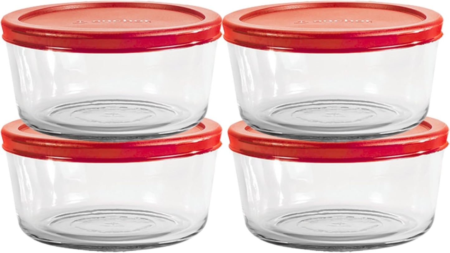 Set of four red Snugfittm round food storage containers with lids, oven-safe, 7-cup capacity, from X With Love.