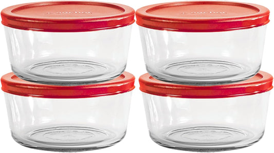 Set of four red Snugfittm round food storage containers with lids, oven-safe, 7-cup capacity, from X With Love.
