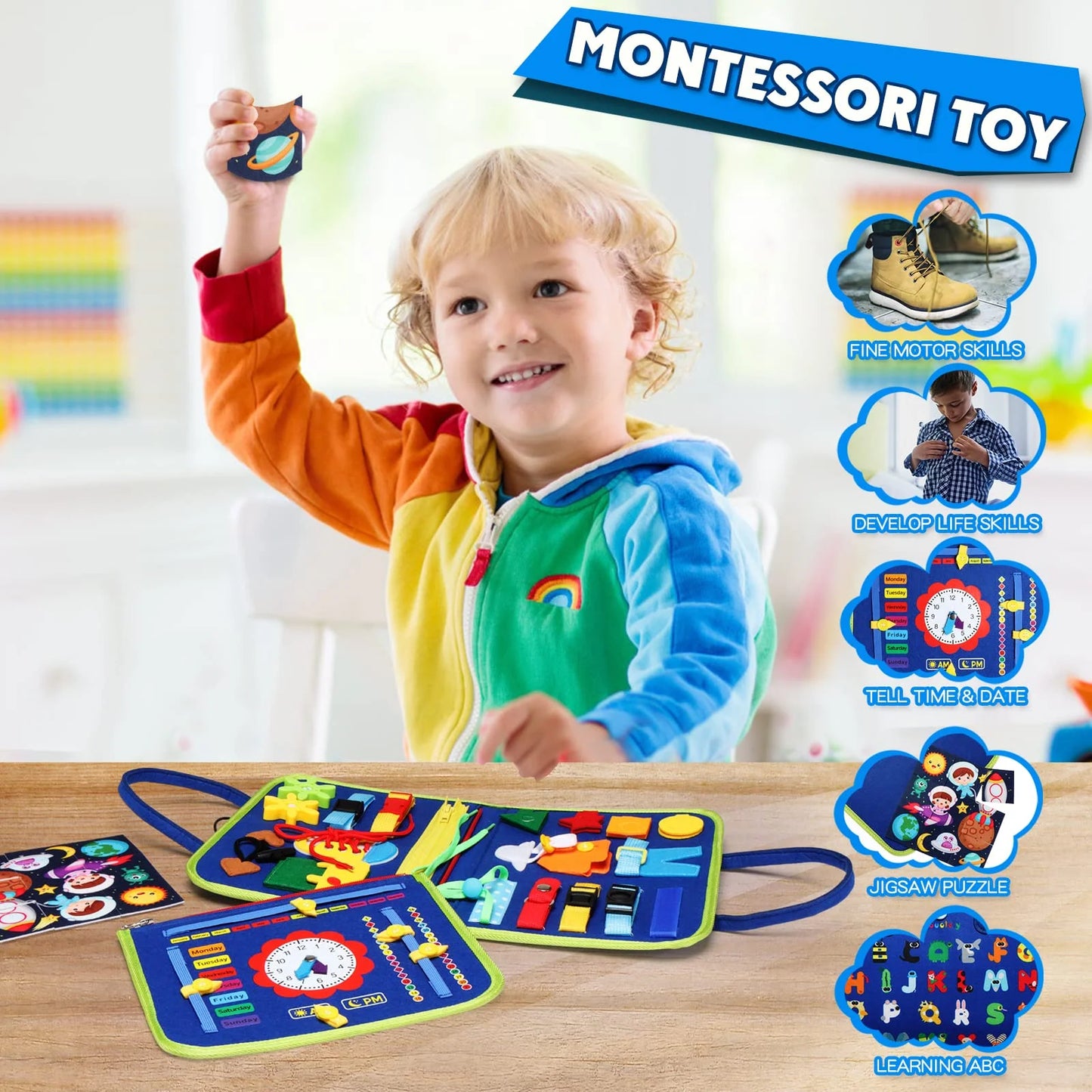 Busy Board Montessori Toy for Toddlers, Educational Activity Developing Sensory Board for Fine Basic Dress Motor Skills - Travel Toys for Plane Car, Gift for Boys Girls 1 2 3 4 Year Old