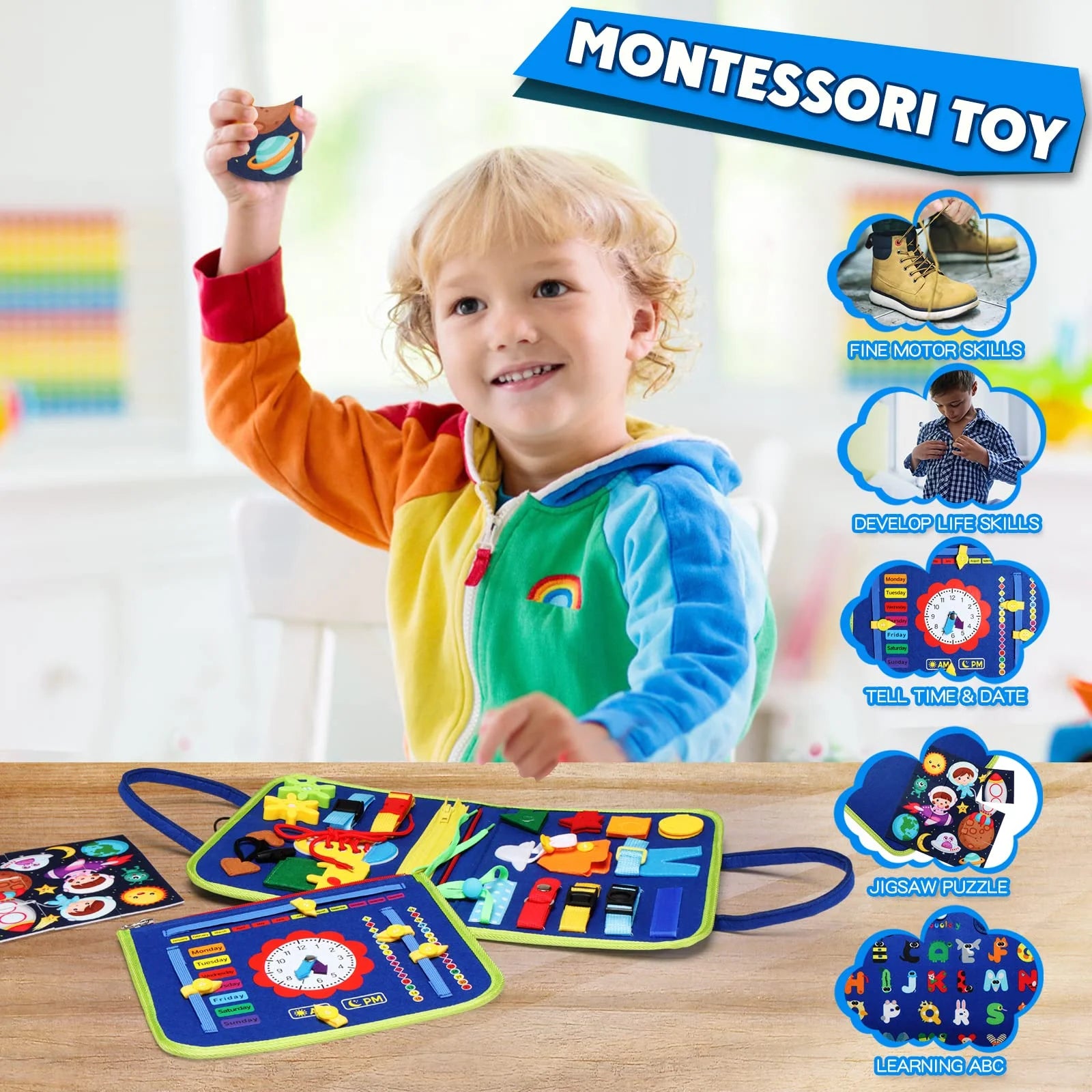 Busy Board Montessori Toy for Toddlers, Educational Activity Developing Sensory Board for Fine Basic Dress Motor Skills - Travel Toys for Plane Car, Gift for Boys Girls 1 2 3 4 Year Old