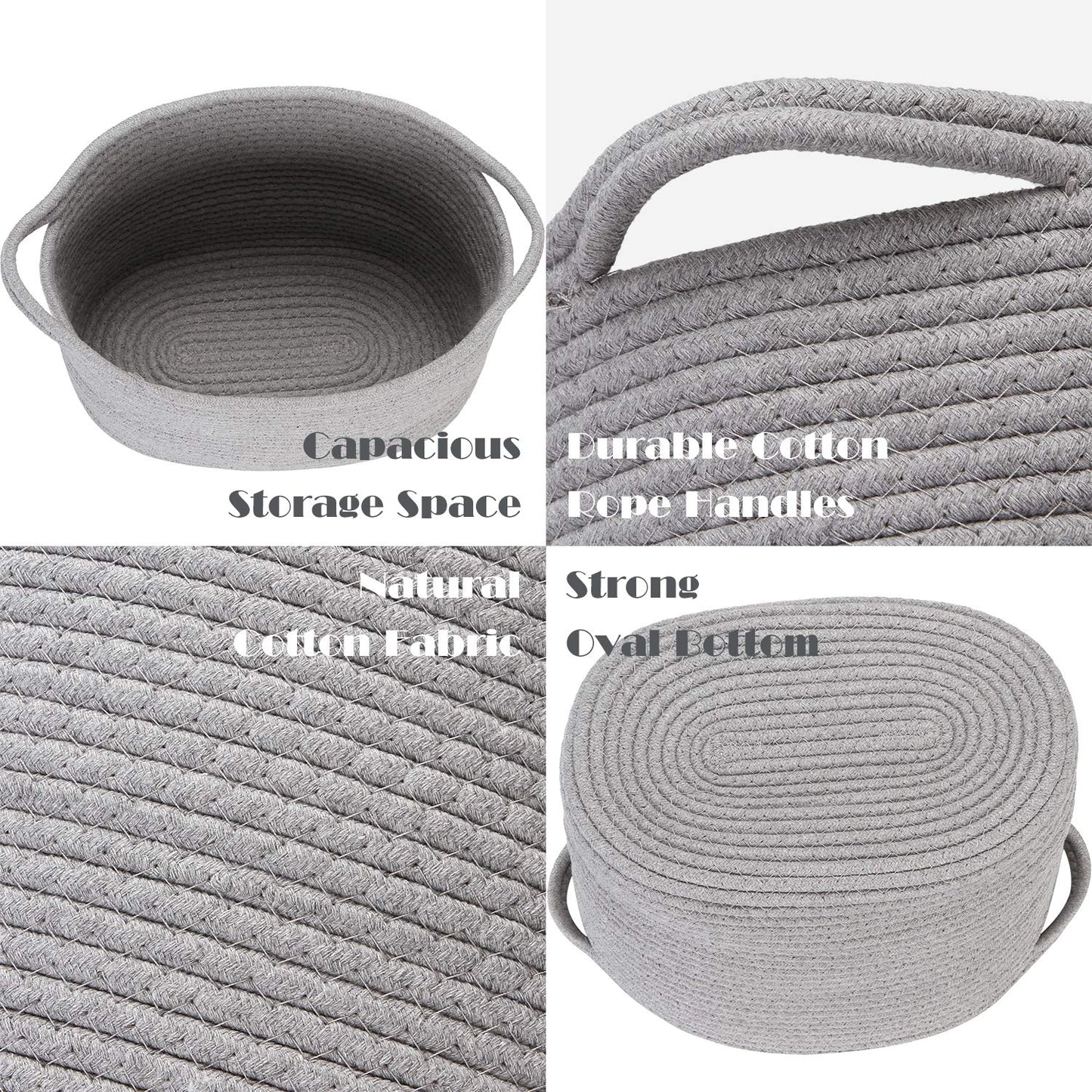 Grey oval cotton rope storage basket with handles, ideal for nursery diaper caddy or kid's room organization, 14.2 x 9 x 11.4 inches.