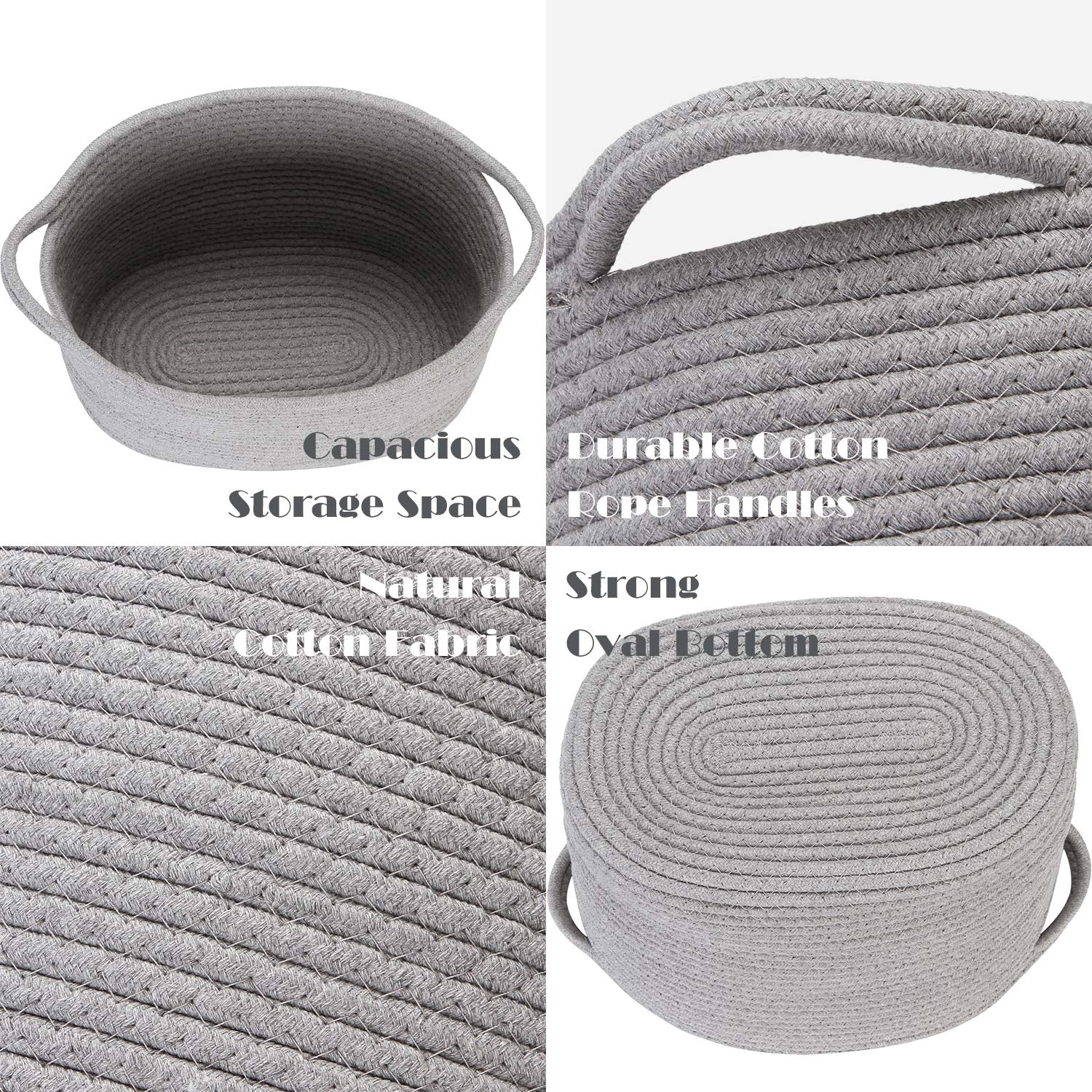 Grey oval cotton rope storage basket with handles, ideal for nursery diaper caddy or kid's room organization, 14.2 x 9 x 11.4 inches.