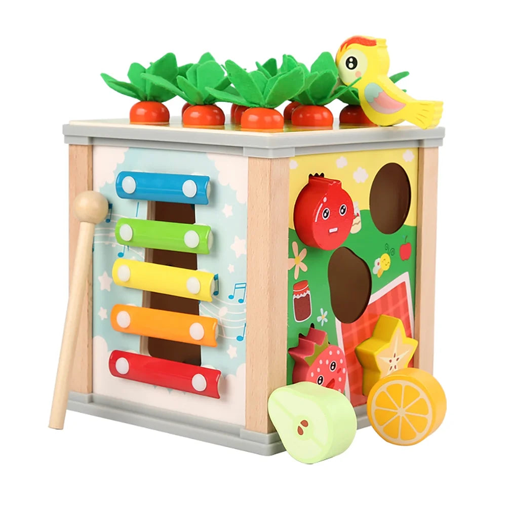 Colorful shape sorter toy for babies and toddlers from X With Love, featuring various shapes and bright colors for developmental play.