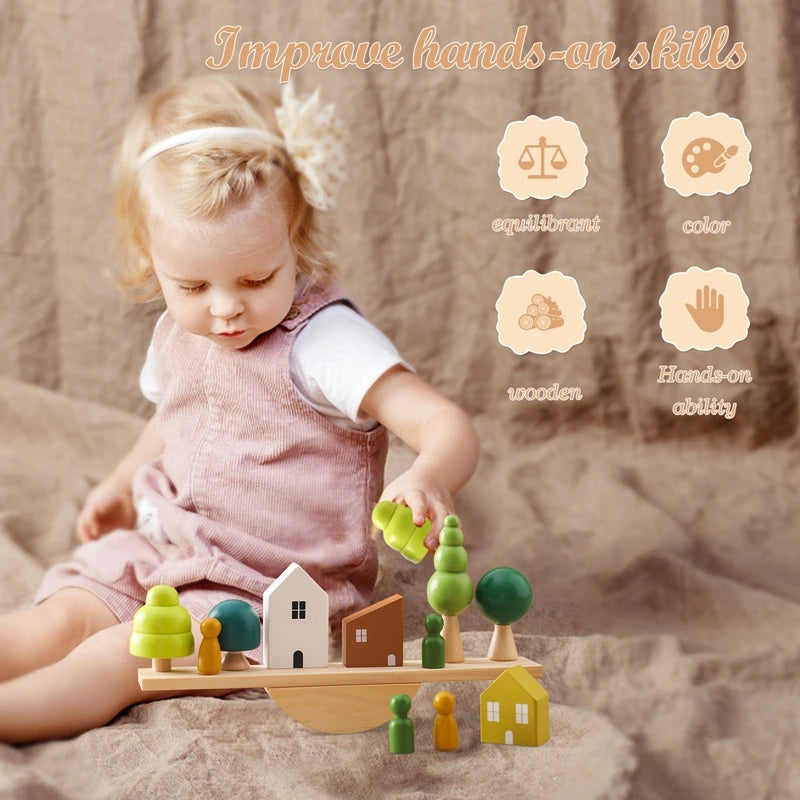 Wooden Montessori sensory stacking toys featuring forest house replicas for babies, ideal for early childhood education and developmental play.