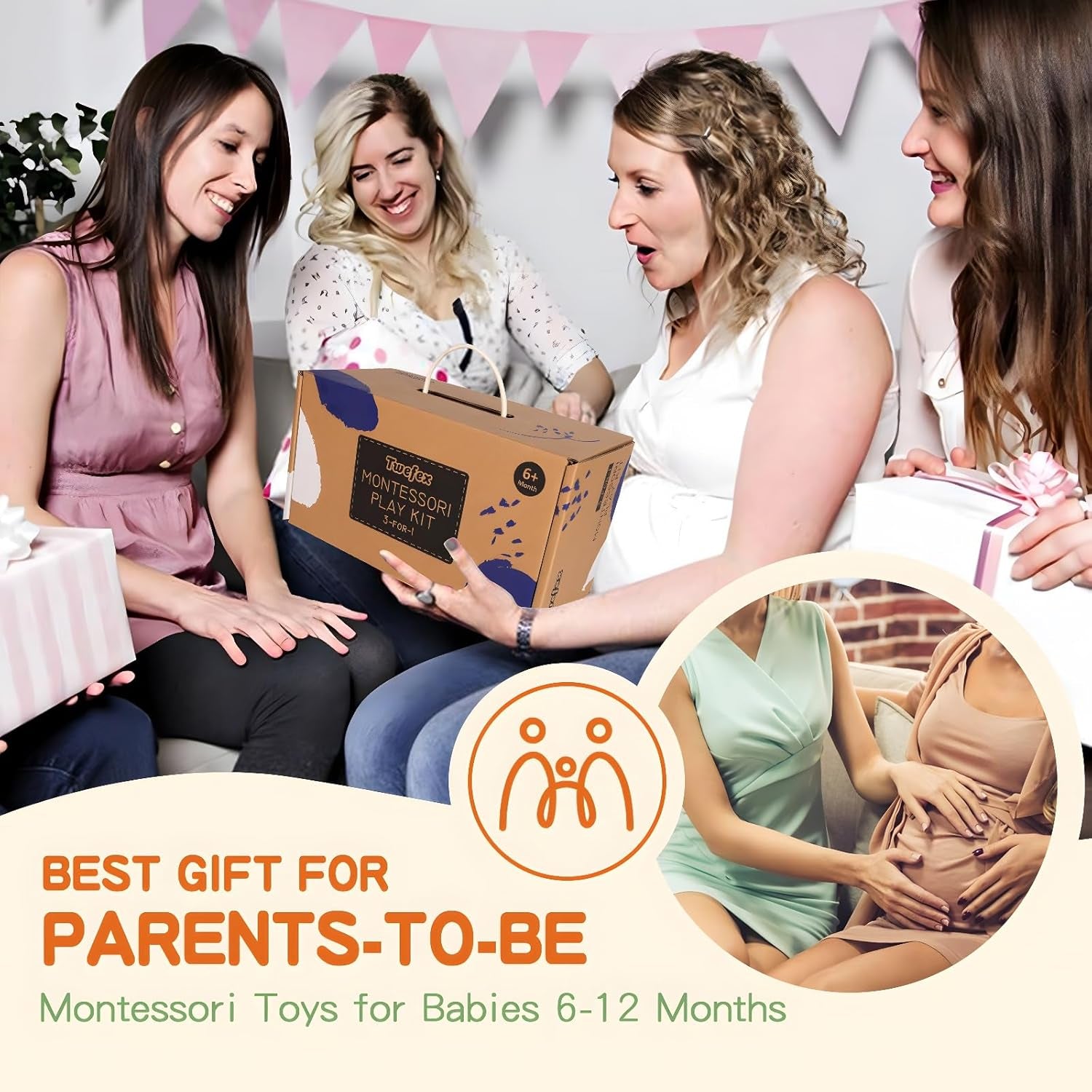 Montessori baby toys for 6-12 months including spinning drum, tissue box, peekaboo puzzle, and educational play kit for infants.