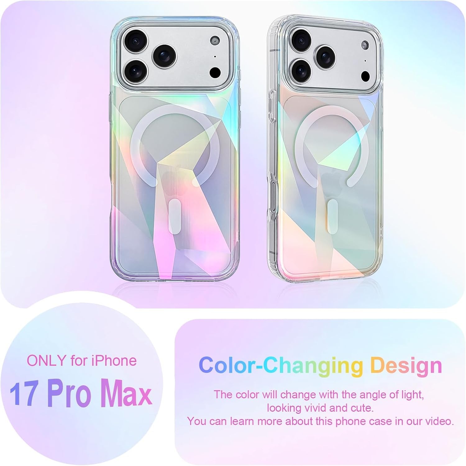 Clear glitter iPhone 17 Pro Max case by X With Love with iridescent geometric design, rainbow sparkle, magnetic Magsafe compatibility.