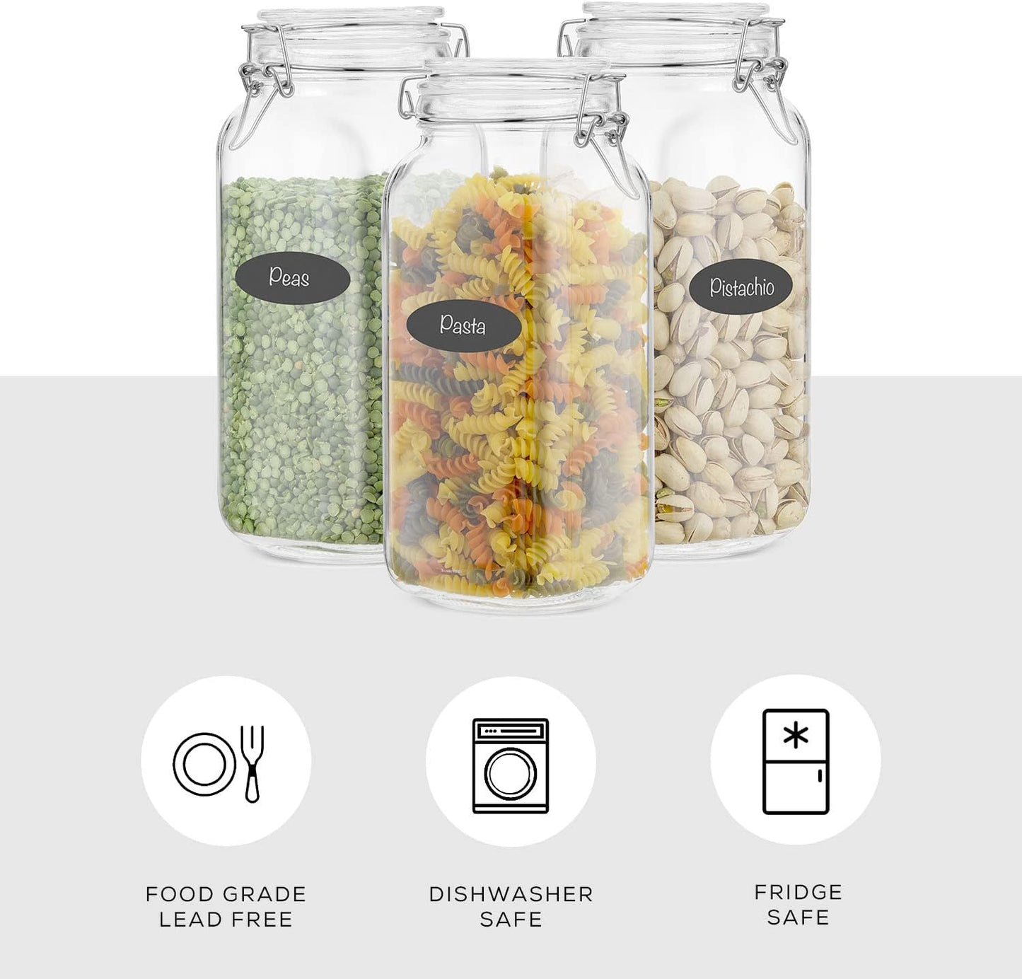 Set of three airtight glass jars with lids and silicone seals, large 78oz square Mason jars for pantry storage of food items.