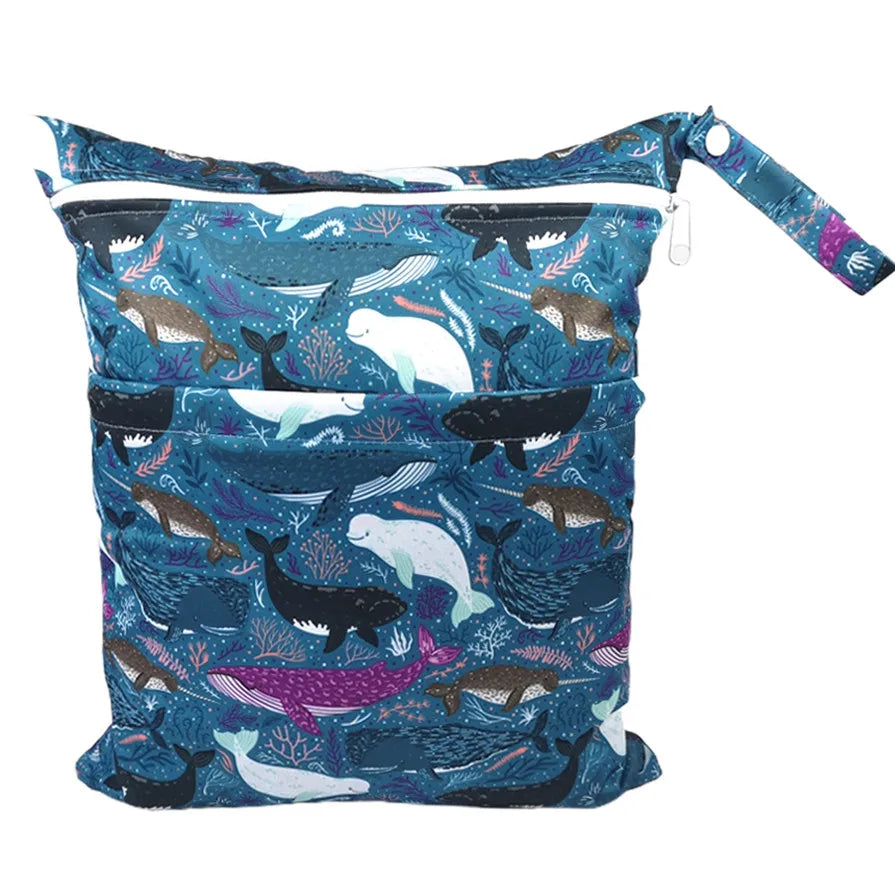 Waterproof Wet Dry Bag with two zippers for baby diapers, reusable and water-resistant, in black with X With Love branding.