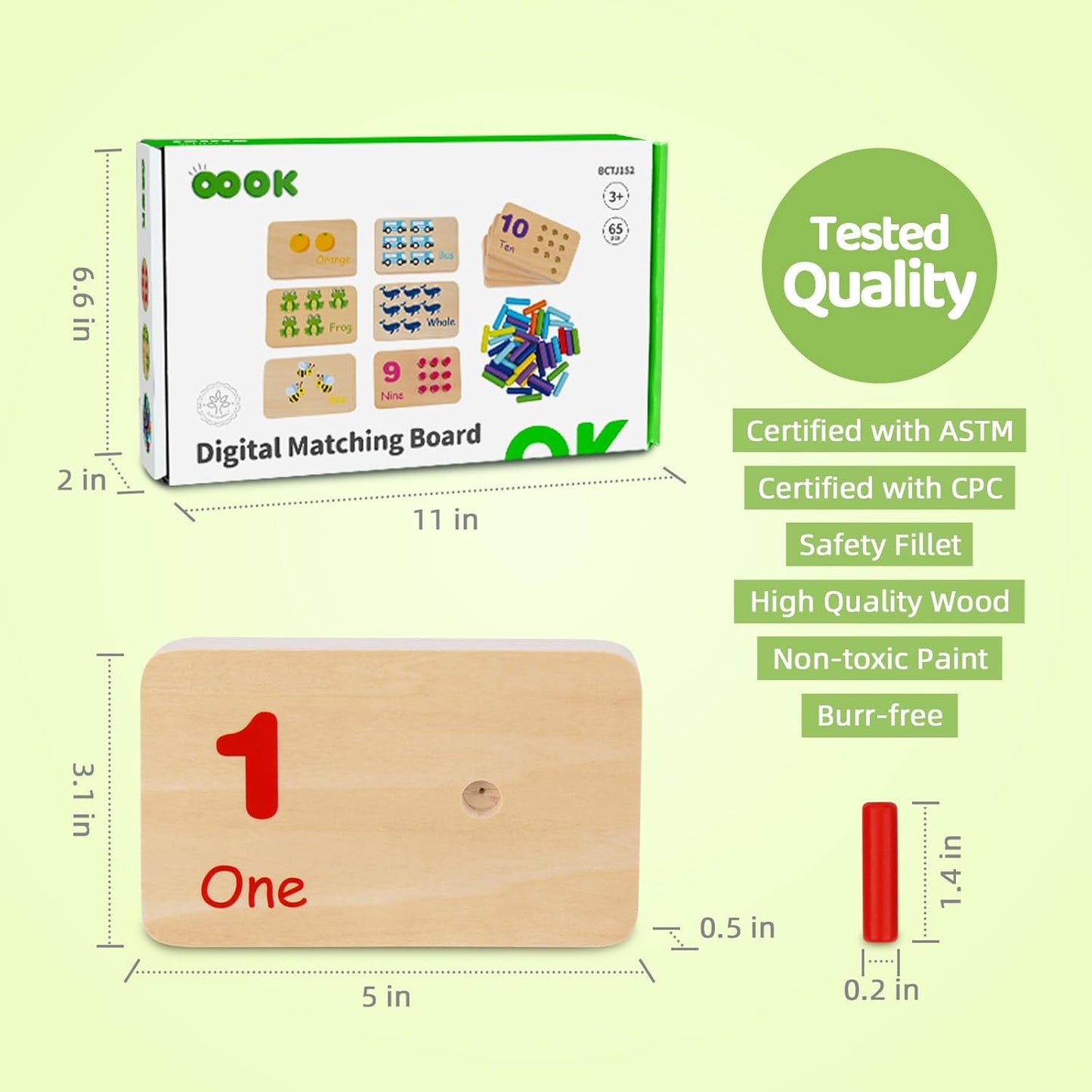 Wooden peg board toddler toy with 55 colorful pegs, Montessori math manipulatives for kids and kindergarten learning activities.