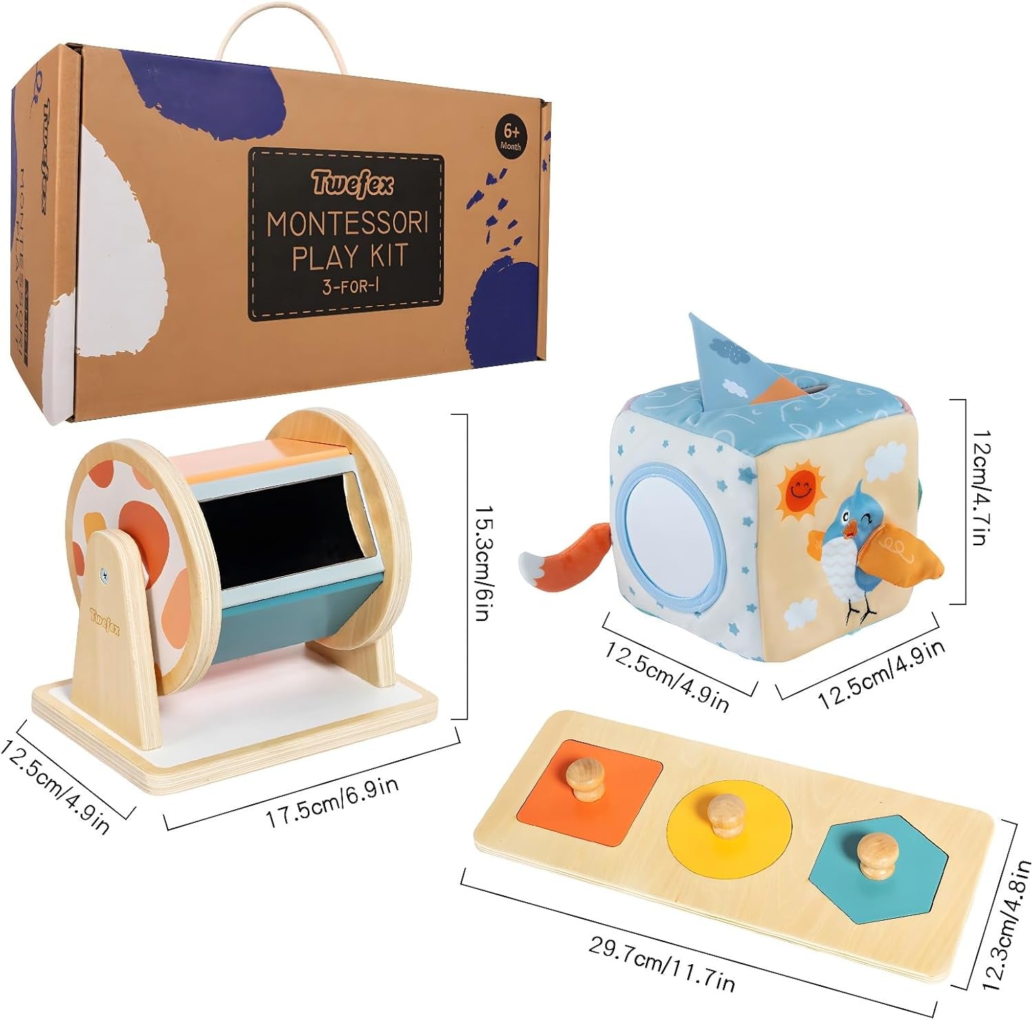 Montessori baby toys for 6-12 months, X With Love 3-in-1 play kit with spinning drum, tissue box, peekaboo puzzle, and cards.