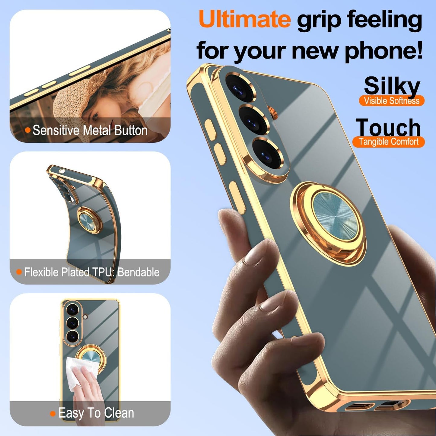 Gray Samsung Galaxy S26 case with gold plating, shockproof soft TPU, 360° rotation ring holder, and dual screen protectors.