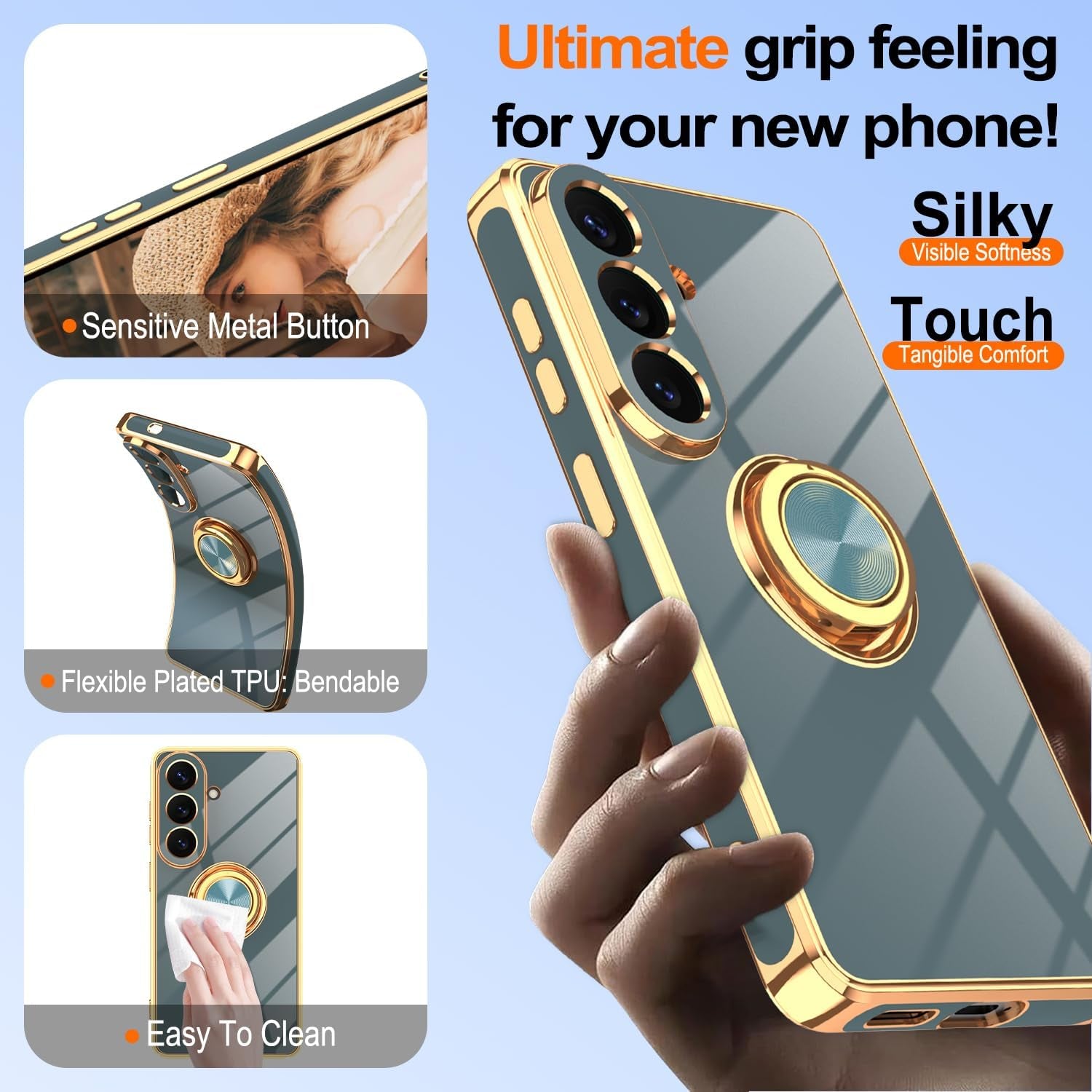 Gray Samsung Galaxy S26 case with gold plating, shockproof soft TPU, 360° rotation ring holder, and dual screen protectors.