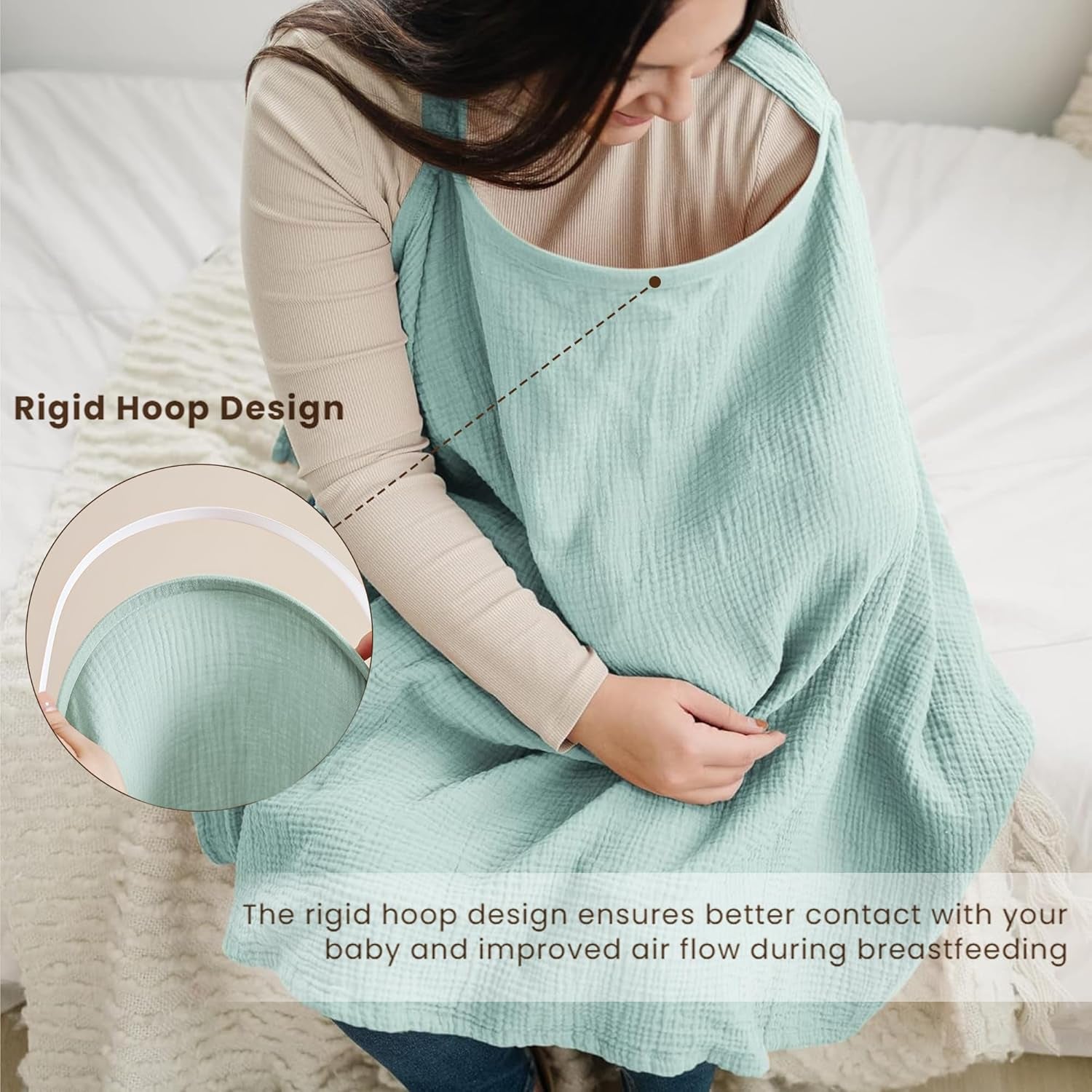Green X With Love muslin nursing cover with rigid hoop, breathable 100% cotton breastfeeding apron and carseat canopy for mothers.