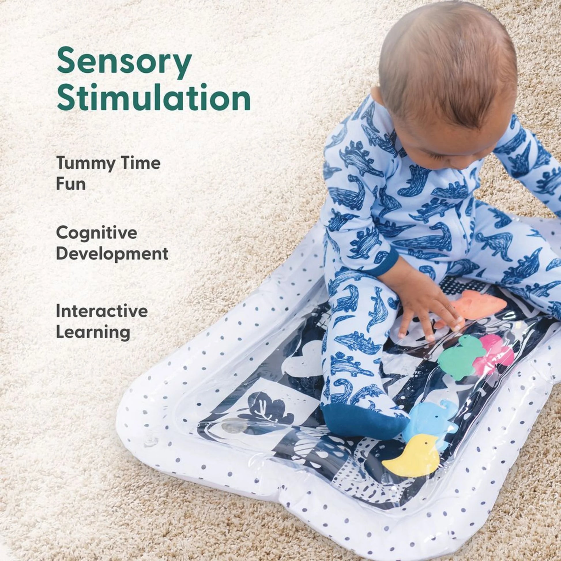 Montessori water play mat for babies by X With Love featuring colorful floating toys and soft, waterproof fabric for sensory fun.