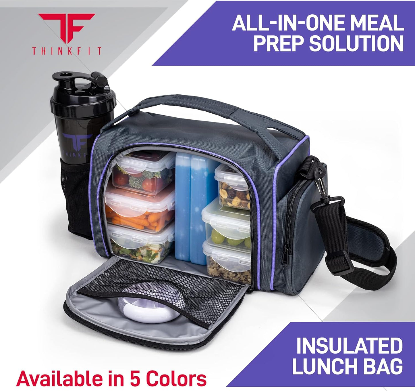 Purple insulated meal prep lunch box with six portion containers, shaker cup, pill organizer, shoulder strap, and side pocket.