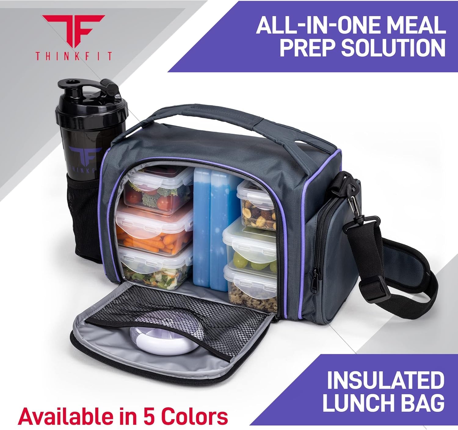Purple insulated meal prep lunch box with six portion containers, shaker cup, pill organizer, shoulder strap, and side pocket.