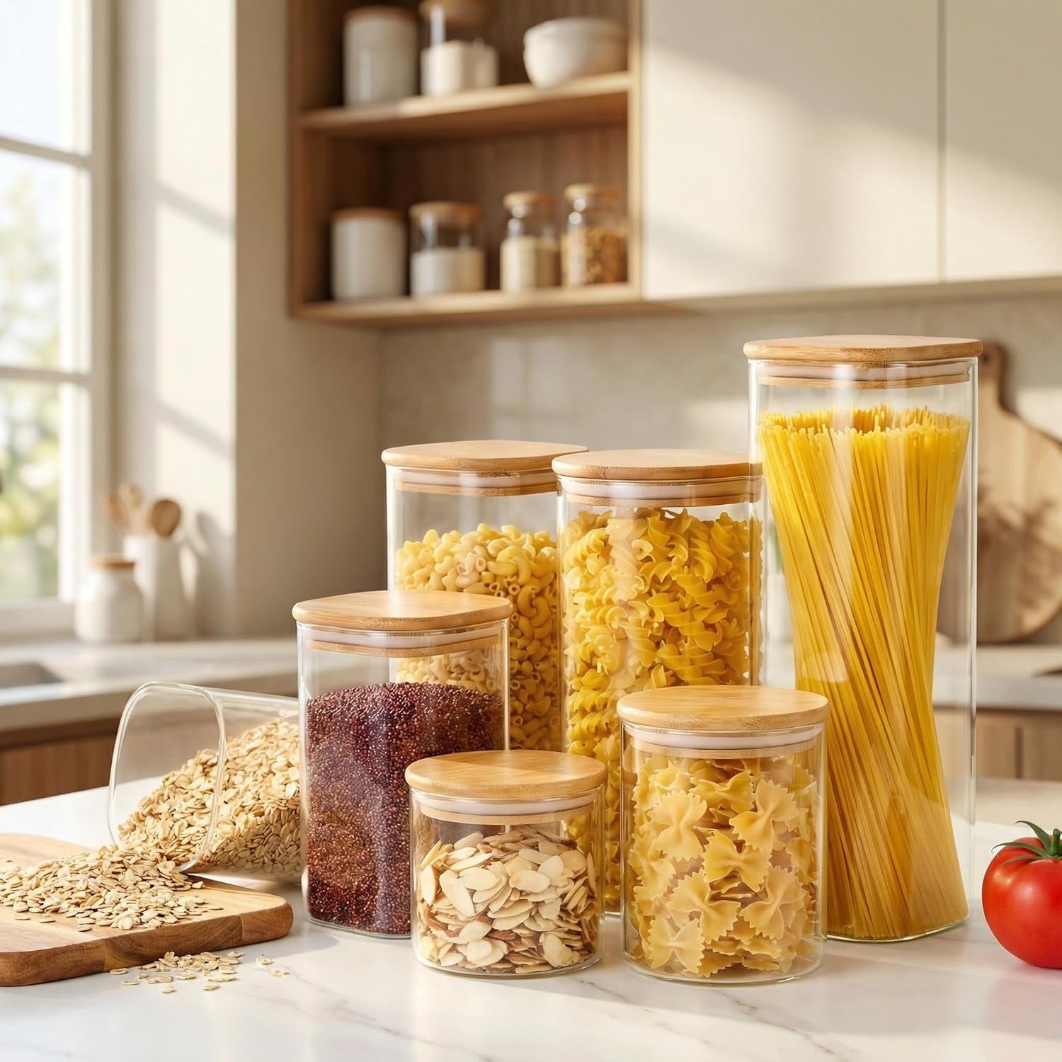 Set of four square glass jars with bamboo lids for food storage, ideal for pasta, cereal, coffee, flour, and sugar in the kitchen.