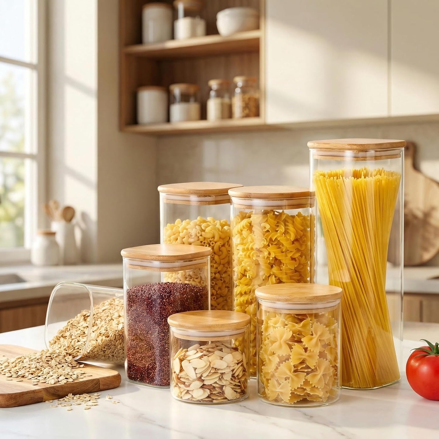 Set of five square glass jars with bamboo lids, Airtight glass canisters for pantry storage of pasta, cereal, flour, and sugar.