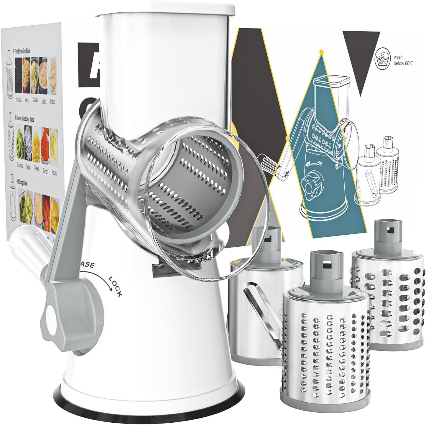 White rotary cheese grater by My Store with hand crank, three blades, non-slip suction base, ideal for cheese, vegetables, and nuts.