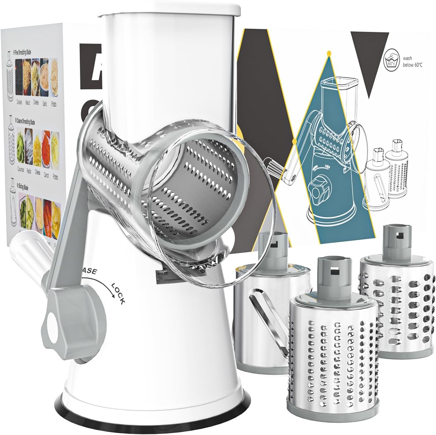 White rotary cheese grater by My Store with hand crank, three blades, non-slip suction base, ideal for cheese, vegetables, and nuts.