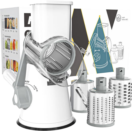 White rotary cheese grater by My Store with hand crank, three blades, non-slip suction base, ideal for cheese, vegetables, and nuts.