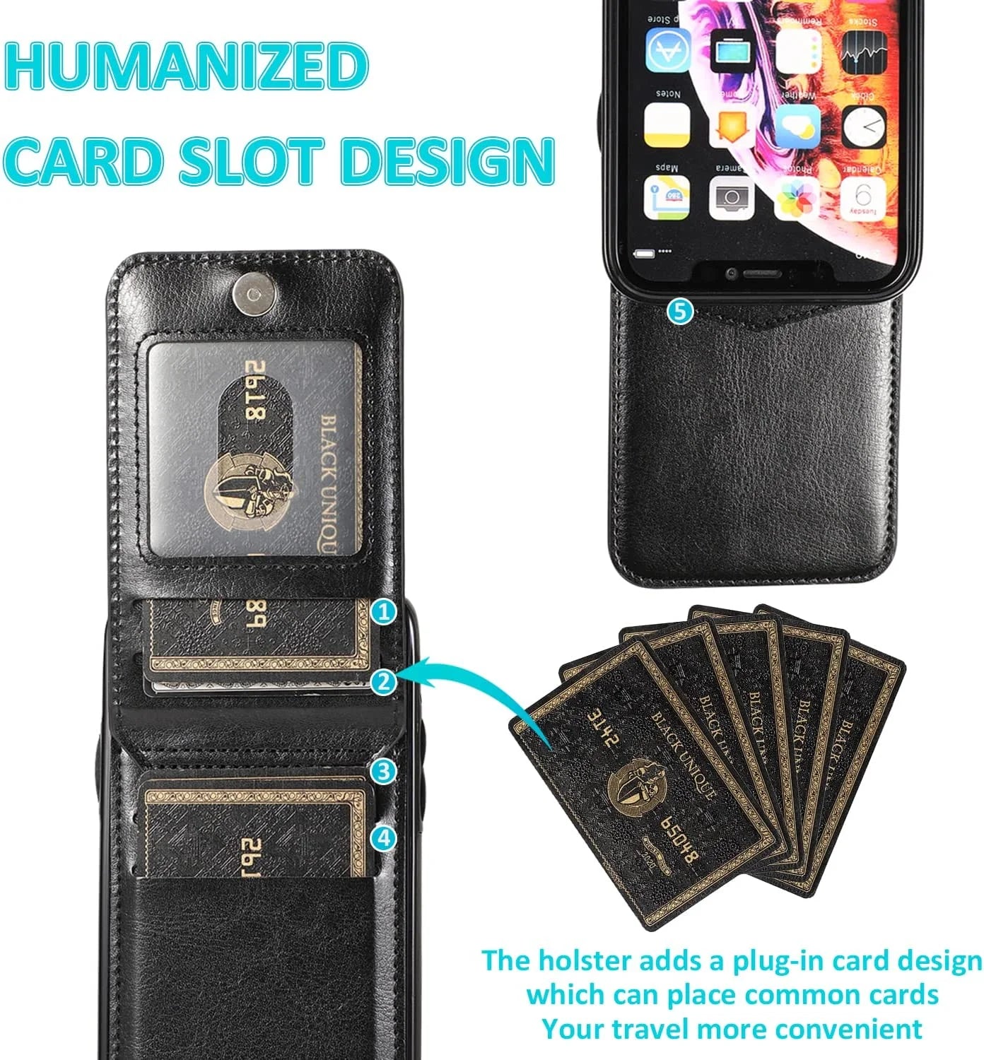 Black X With Love wallet case for iPhone 14 Pro Max with card holder flip cover, showing the sleek exterior and card slots.