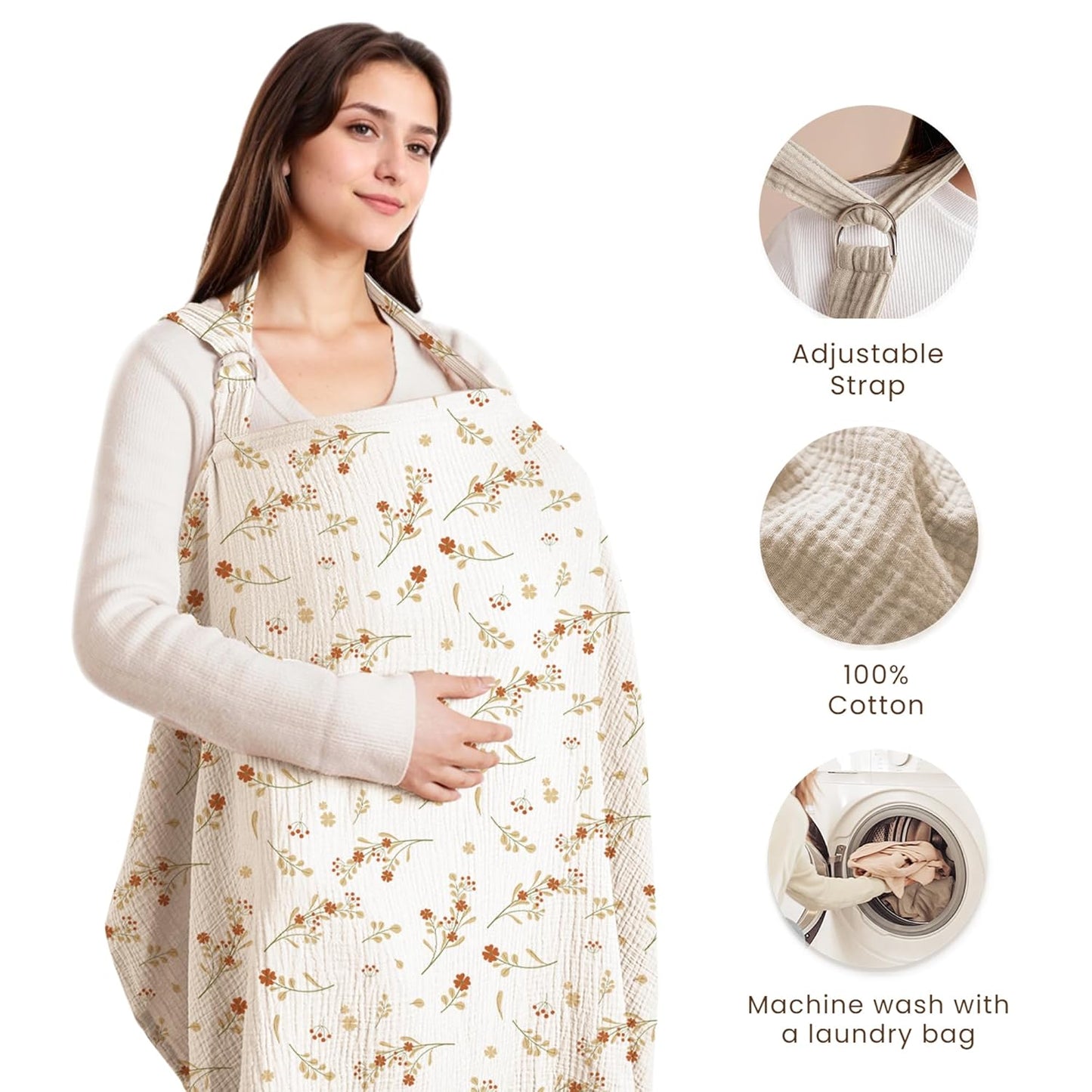 X With Love muslin nursing cover for breastfeeding, breathable 100% cotton with rigid hoop, used as apron or carseat canopy.