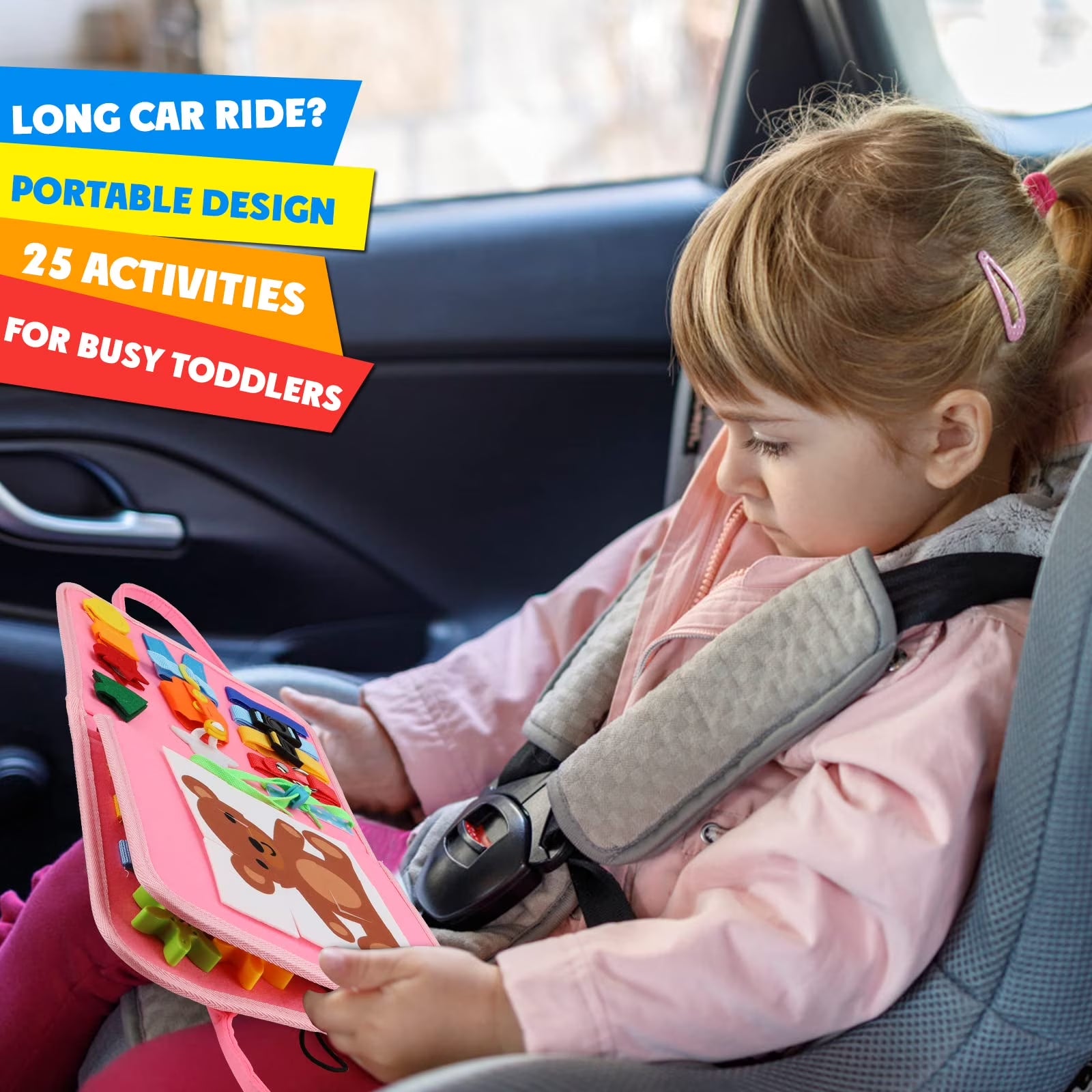 Busy Board Montessori Toy for Toddlers, Educational Activity Developing Sensory Board for Fine Basic Dress Motor Skills - Travel Toys for Plane Car, Gift for Boys Girls 1 2 3 4 Year Old
