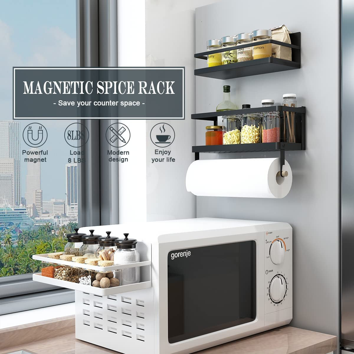 Black magnetic paper towel holder and spice rack with hooks mounted on refrigerator wall, made by My Store.