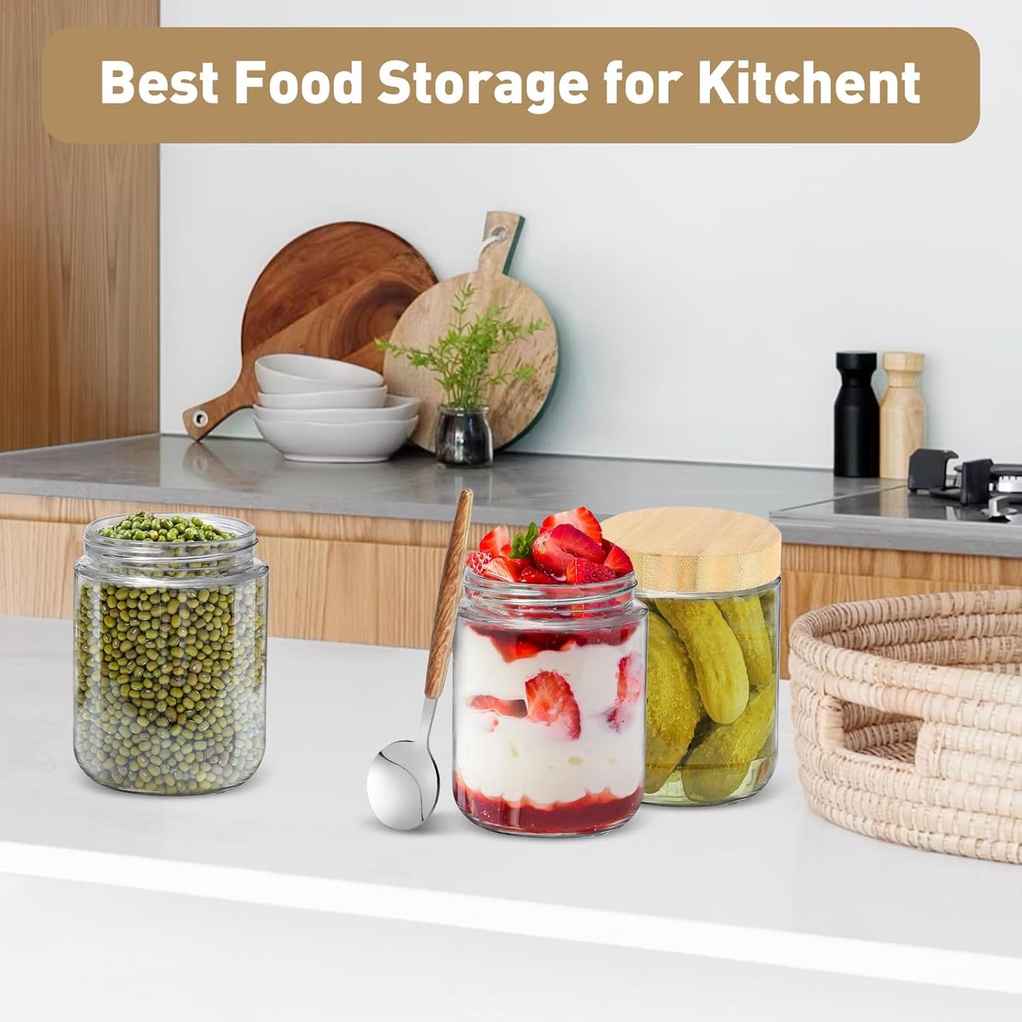 Set of four 16oz X With Love overnight oats jars with bamboo lids, glass containers with wide mouths and spoons for meal prep and storage.