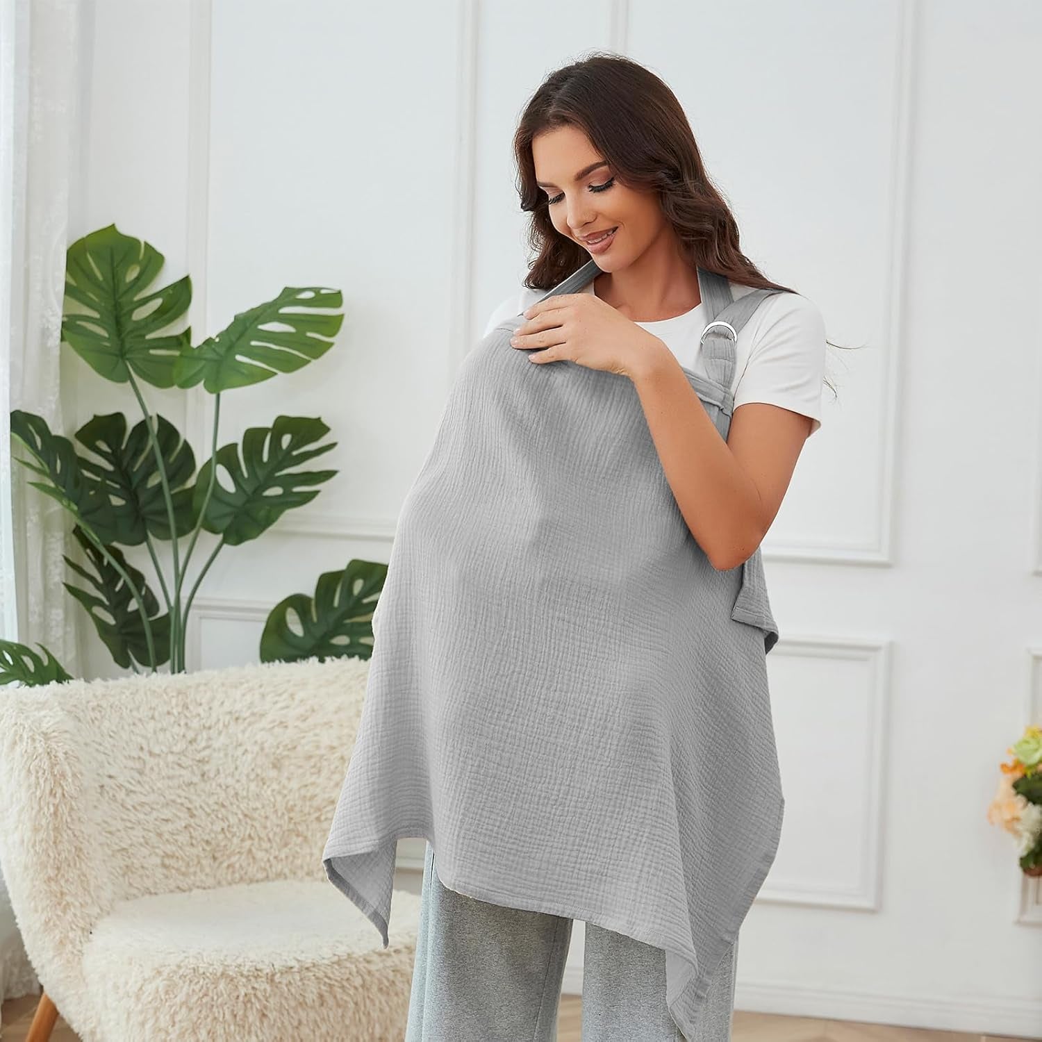 Grey nursing cover for baby breastfeeding, breathable 100% muslin cotton with rigid hoop from X With Love, ideal for breastfeeding and pumping.