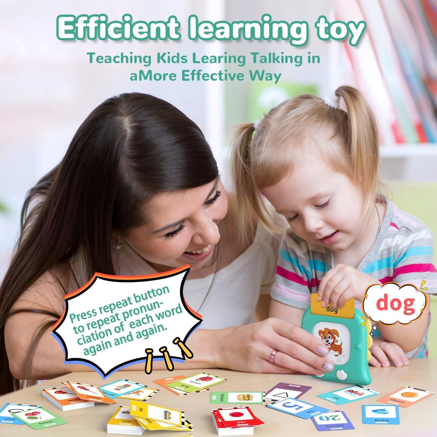 Kidzdo Talking Flashcards for Toddlers, green educational toy with English sight words, speech and autism learning aid for kids age 1-6.