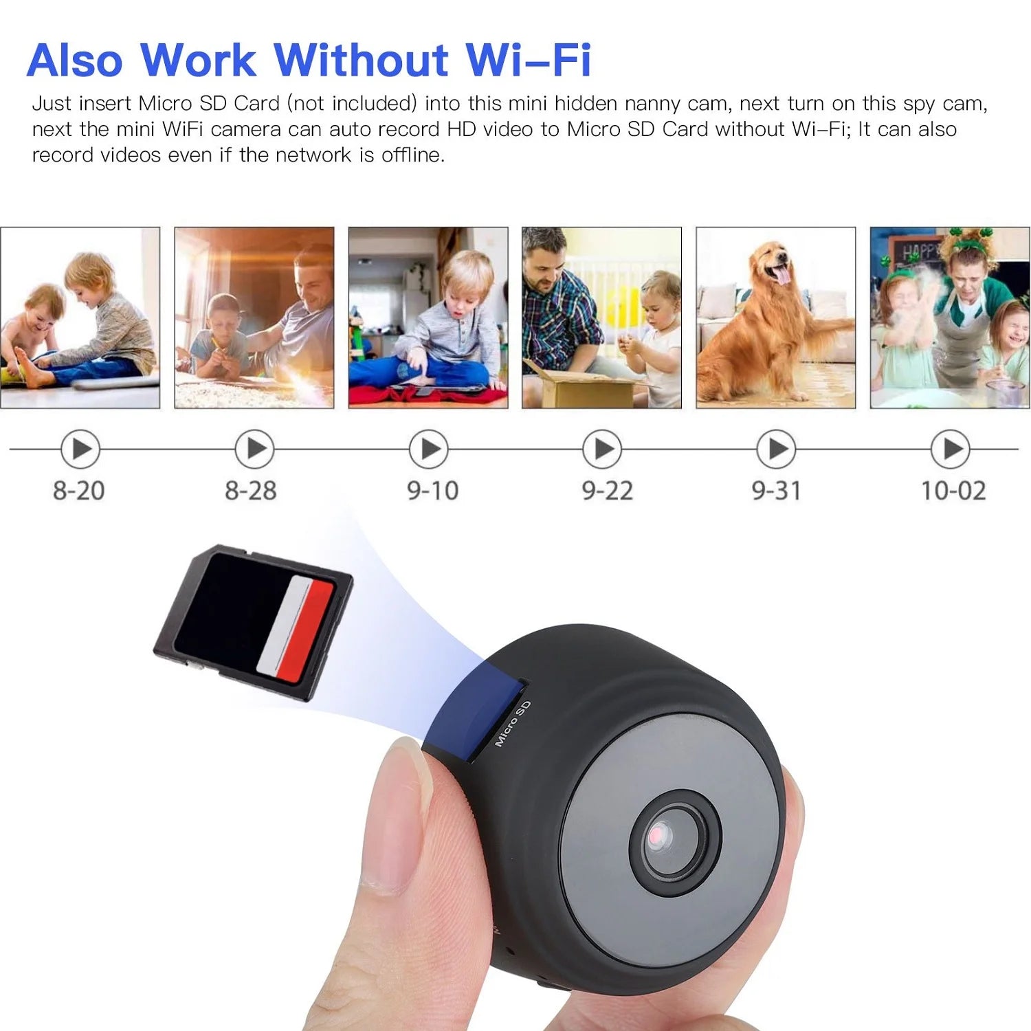 Mini wireless security camera by X With Love, Full HD 720P nanny cam with night vision, motion detection, suitable for home, car, and outdoor use.