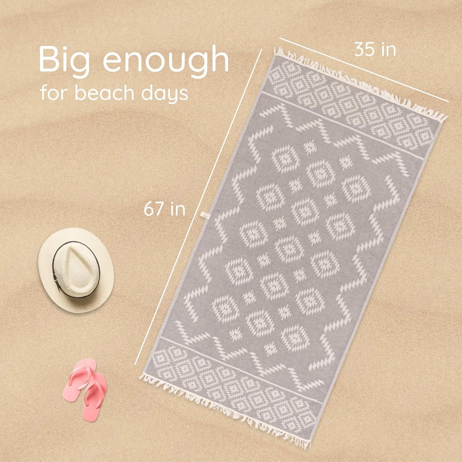 Dark grey Turkish beach towel by My Store, 35x67 inches, lightweight, quick-dry, 100% cotton, sand-free vintage design.