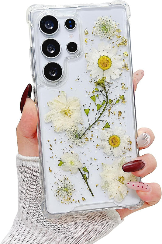 Clear Samsung Galaxy S26 Ultra case with pressed dried flower design, glitter accents, shockproof protection, by X With Love.