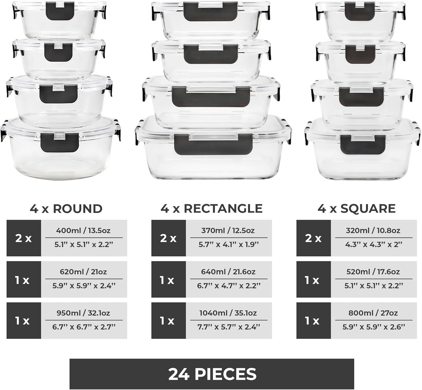 Set of 12 glass storage containers with grey lids, leak-proof and freezer safe, ideal for meal prep and food storage.
