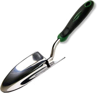 Heavy-duty stainless steel garden trowel with comfort grip, rust-resistant, ideal for digging in rocky or heavy soils.