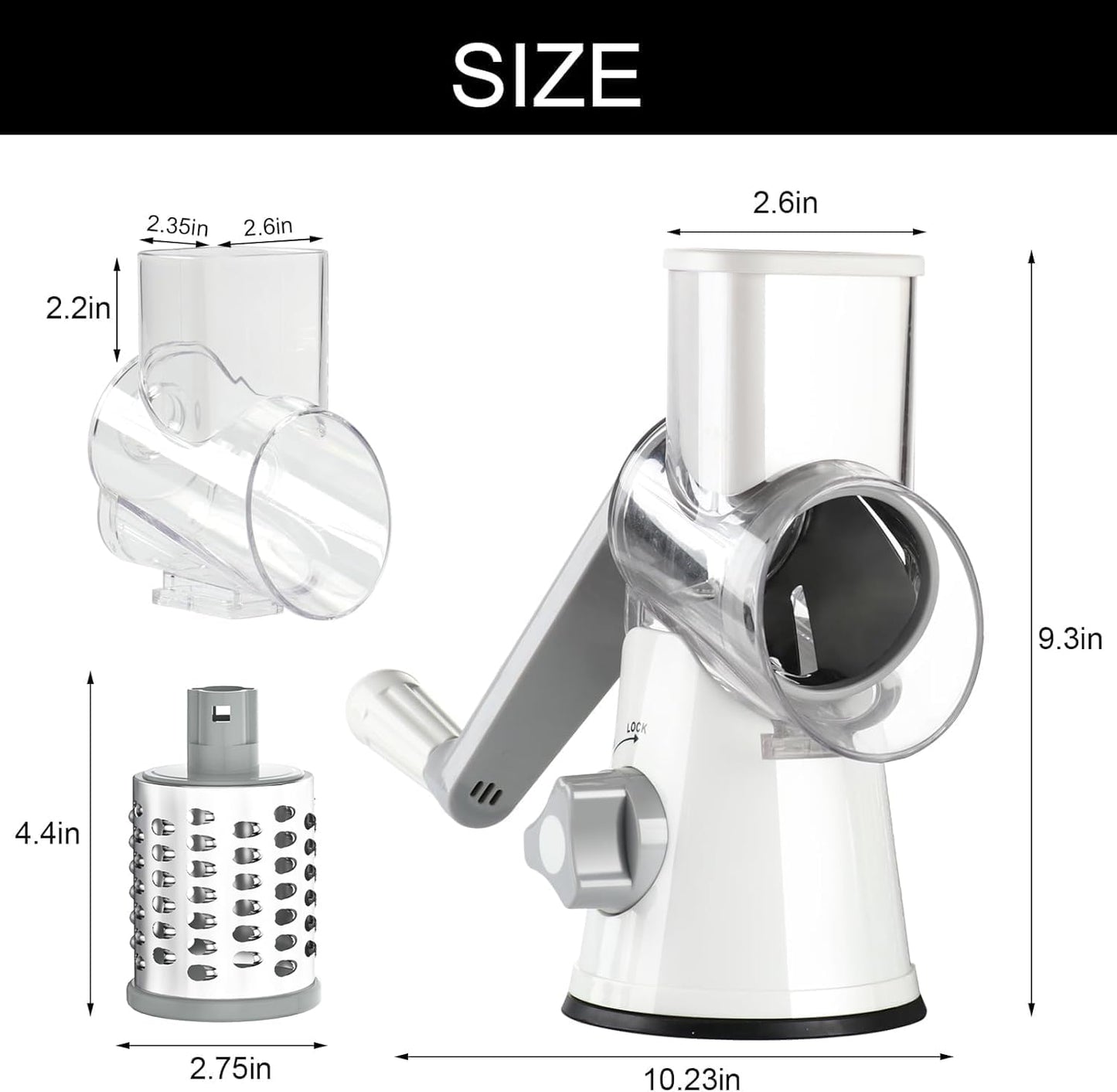 White rotary cheese grater with hand crank, three blades, non-slip suction base, ideal for cheese, vegetables, and nuts.