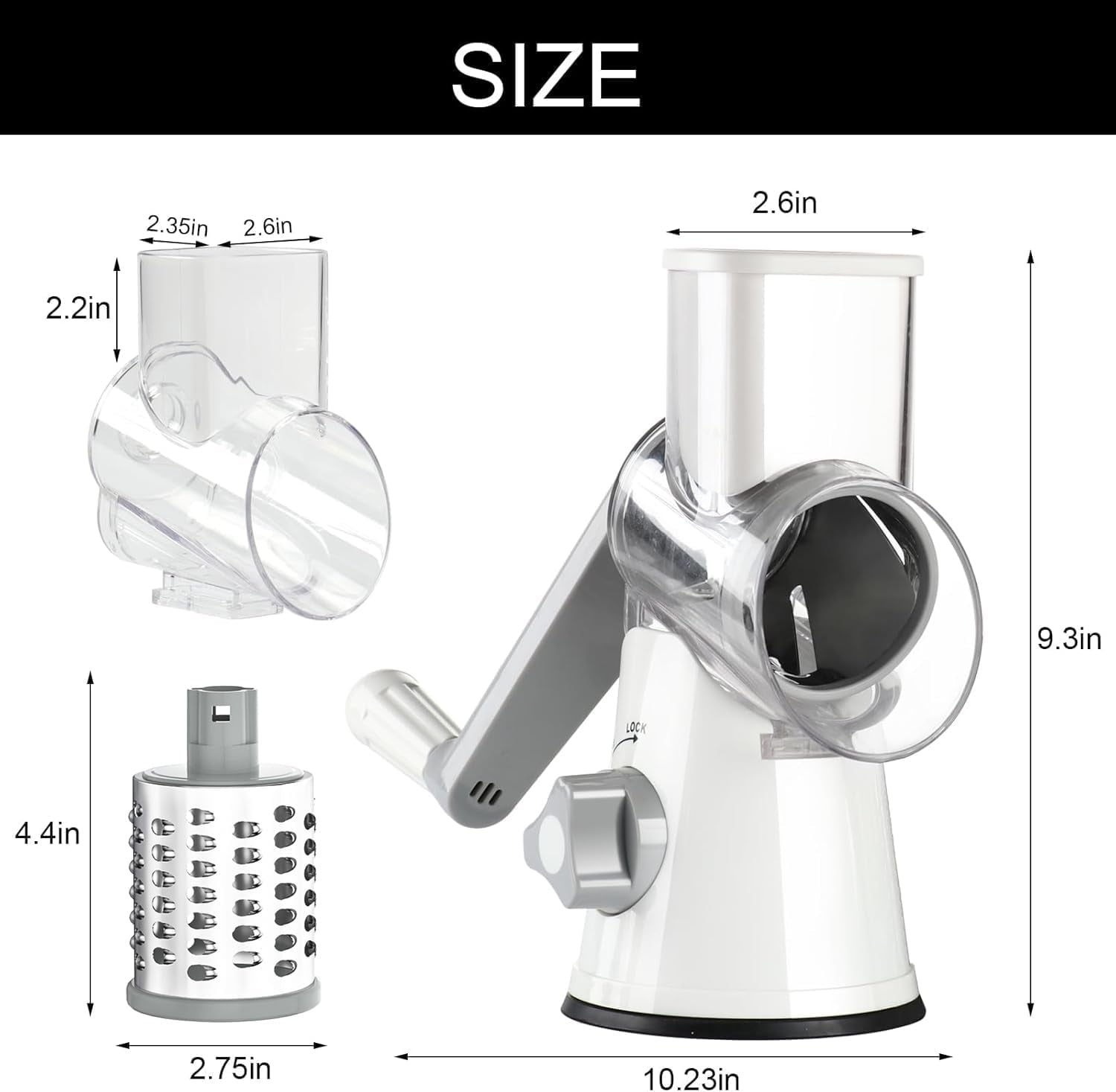 White rotary cheese grater with hand crank, three blades, non-slip suction base, ideal for cheese, vegetables, and nuts.