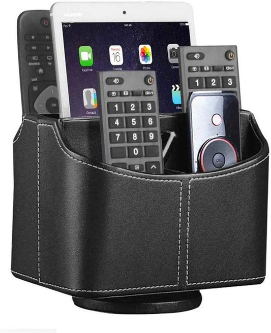 Leather remote control holder with 360-degree spinning design, holds TV remotes, phones, pens, and small items on a bedside or desk.