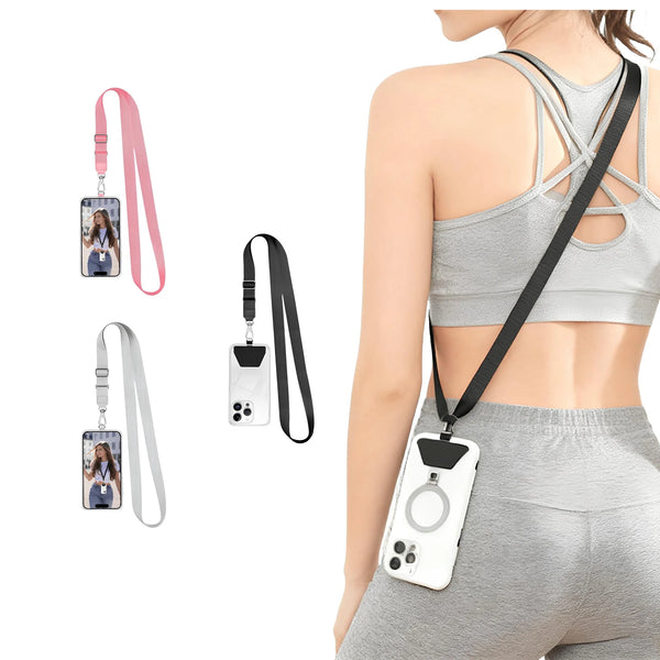 Three-pack X With Love phone lanyards in black, gray, and pink with adjustable straps for iPhone, Samsung, and other smartphones.