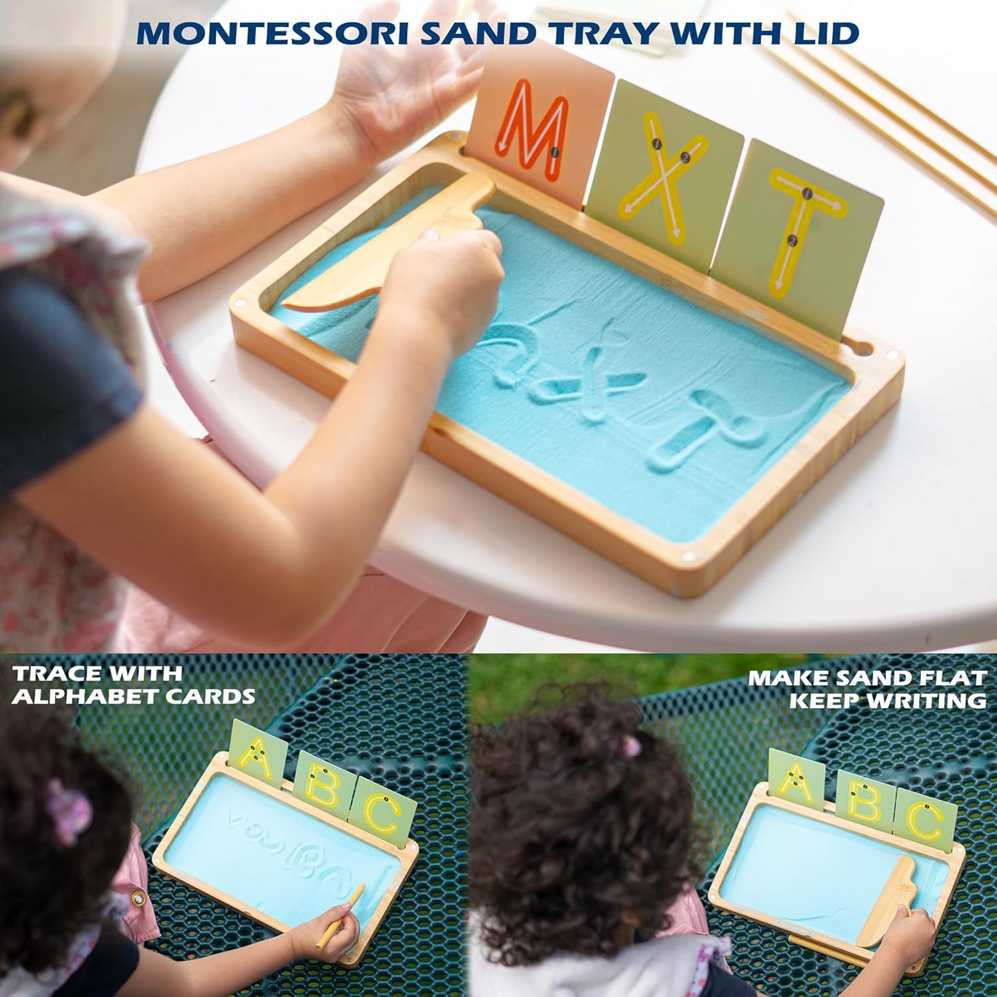 Blue wooden Montessori sand tray with lid for kids, ideal for writing letters and numbers in preschool and kindergarten classrooms.