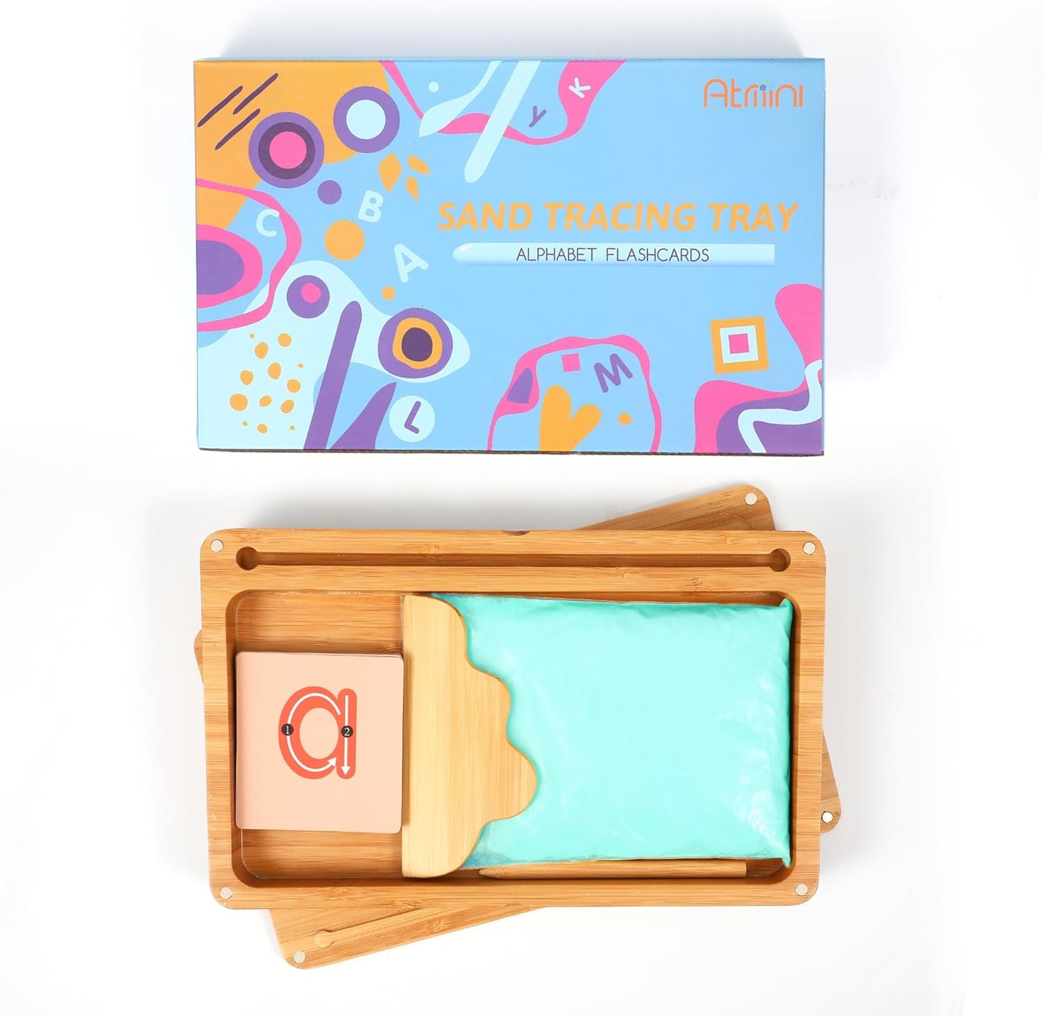 Blue Montessori wooden sand tray with lid for kids, ideal for writing letters and numbers in preschool and kindergarten classrooms.