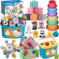 X With Love 6-in-1 baby Montessori toy set for infants 0-12 months, includes soft teething toy, stacking cups, blocks, and finger puppets.
